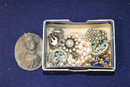 A group of costume jewellery, gold jewellery, silver etc. including a Murrle Bennett 9ct gold and seed pearl mounted Wedgwood brooch.